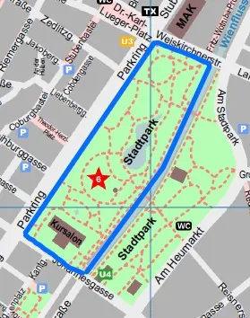 ein Ausschnitt eines Stadtplans, der vor allem den Wiener Stadtpark zeigt