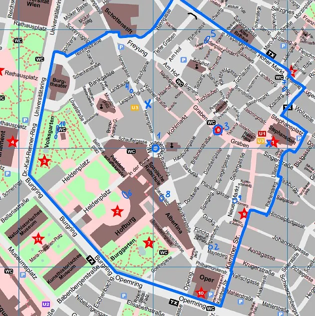 ein Stadtplan der Wiener Innenstadt mit Markierungen rundherum, Kreuzen und Kreisen